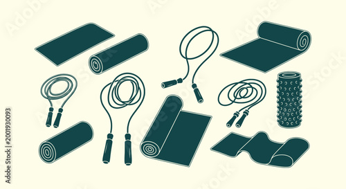 Fitness Exercise Equipment Set with Yoga Mats Jump Ropes and Foam Roller Silhouettes Collection