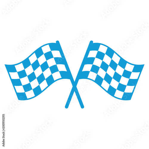 Blue two crossed racing checkered flags symbol for motorsport competition and finishing line isolated on transparent background.
