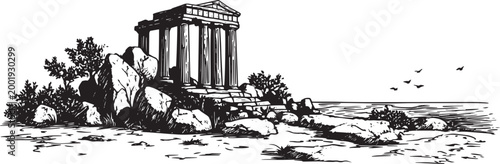 Foto Ancient Greek Temple Ruins on Rocky Coast Vector Illustration