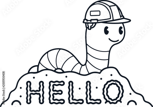 Cute cartoon worm wearing hard hat emerging from dirt hill with hello text, funny illustration.