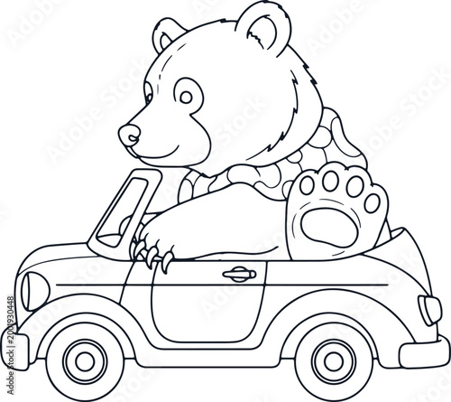 Happy cartoon bear driving convertible car, cheerful animal, playful illustration.