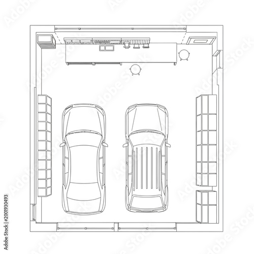 Top view of a modern garage floor plan with two cars and storage shelves