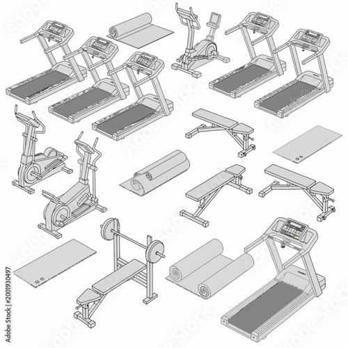 Isometric view of gym equipment set