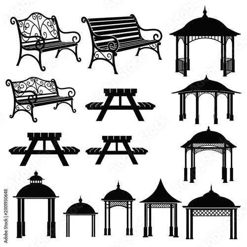 Collection of garden furniture silhouettes including benches, tables and gazebos