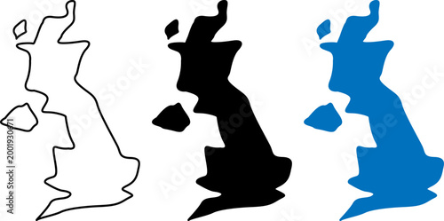 Three stylized map silhouettes of great britain in different styles