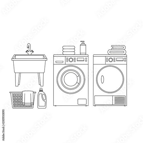 Laundry room appliances and accessories line icons set