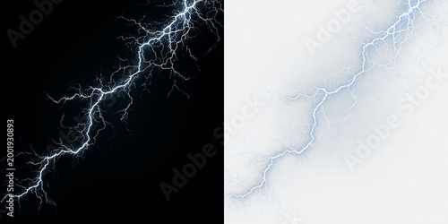Fotografie Blue and white lighting bolt on a clear background striking down, showing electr