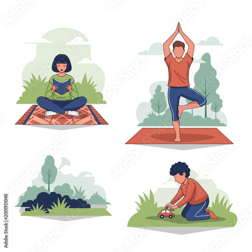 People engaged in outdoor activities and yoga in a park