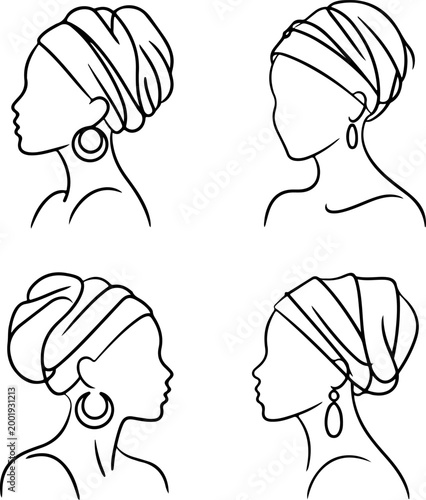 Minimalist continuous line african woman portraits headwrap hairstyle set abstract single line drawing modern outline illustration