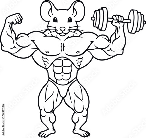 Muscular mouse bodybuilder lifting dumbbell flexing biceps flat design vector illustration isolated on white.
