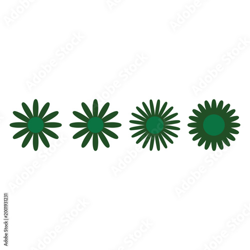 Dark green flower silhouette collection featuring various petal styles and circular centers for ecological branding and graphics.