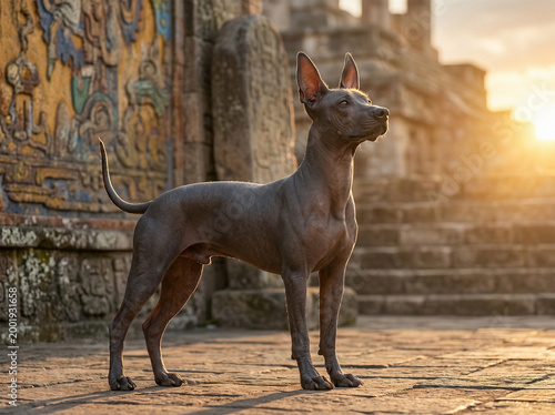 Mexican hairless dog standing before ancient ruins at sunset