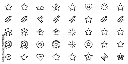 Collection of star and heart line icons for rating and favorites