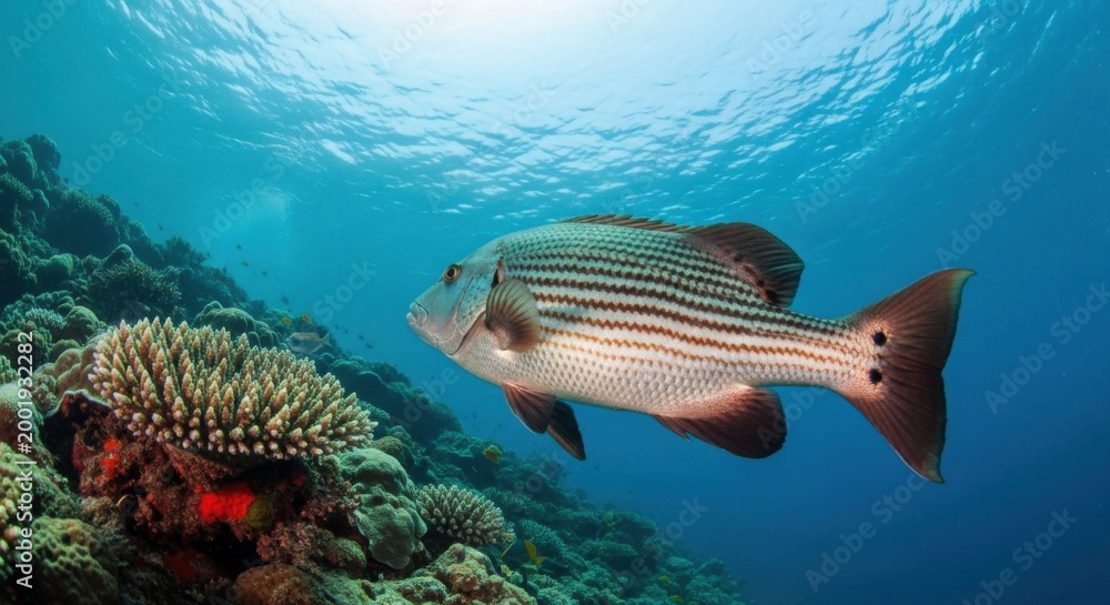 Obraz premium A striped fish swims near a coral reef in clear blue ocean water