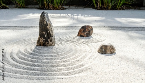 Japanese zen garden with raked white sand and weathered stone arrangement, representing mindfulness, meditation, tranquility, harmony, balance, spiritual calmness