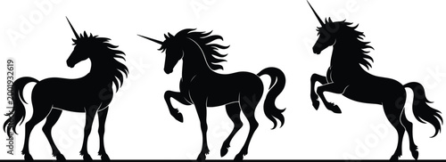 Three Majestic Unicorn Silhouettes Standing Walking and Rearing on a Minimalist Clean Background