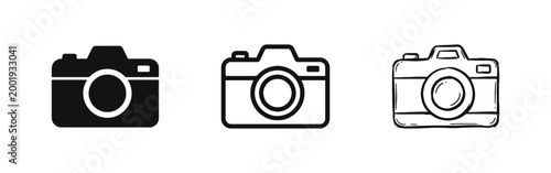 Photography Camera Icon Set - DSLR Mirrorless Photo Equipment Symbols in Solid, Outline, and Sketch Styles