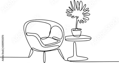 Minimalist continuous line modern chair and side table with plant interior design concept abstract single line drawing contemporary outline illustration