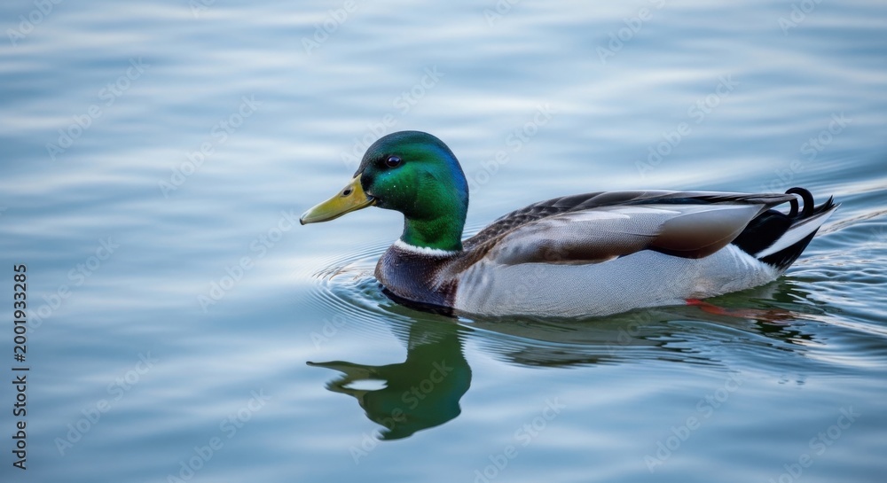 Fototapeta premium Male mallard duck swimming gracefully in calm blue water with ripples