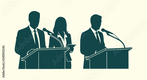 Silhouette of professional people speaking at podiums during political debate or press conference