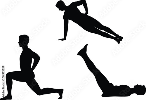 Silhouette fitness set showing lunge plank and leg raise bodyweight workout routine full