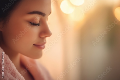 Woman enjoying self-care routine in modern bathroom, close-up, beauty care