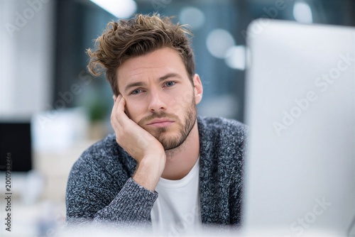 Young man looking bored while sitting at computer desk