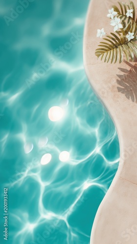 Swimming pool water with sun glare next to curved pool edge, adorned with tropical plant and white flower. Summer vacation mood at luxury resort