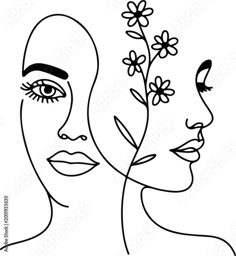 Minimalist continuous line two female faces with floral elements abstract beauty portrait modern single line drawing elegant outline illustration
