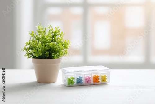 Small potted plant next to daily pill organizer with colorful pills on white table with bright window background, health concept