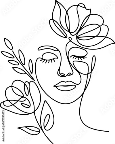Minimalist continuous line woman face with floral elements abstract beauty portrait botanical design modern outline illustration