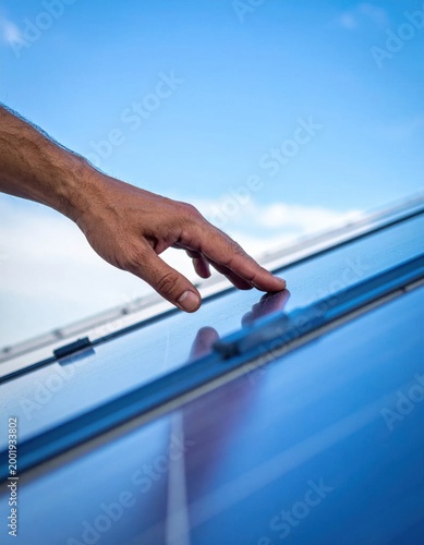Hand touching blue solar panel surface under clear sky, renewable energy maintenance, sustainable power technology, green electricity infrastructure