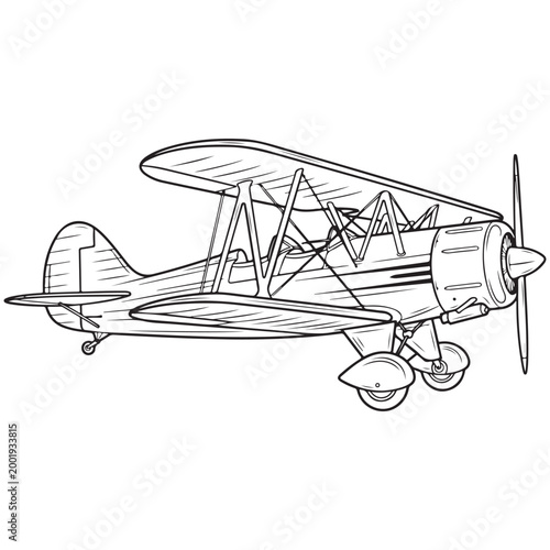 Vintage biplane airplane illustration line art isolated on white background for coloring book