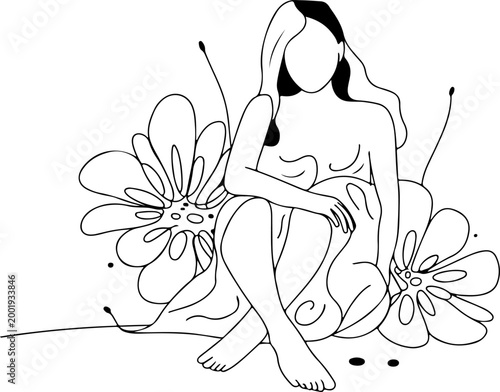 Minimalist continuous line woman sitting with flowers feminine beauty concept abstract single line drawing modern outline illustration