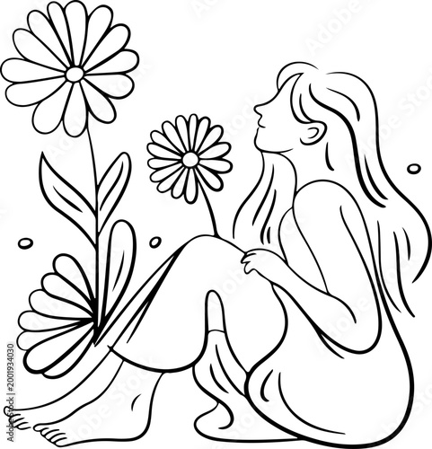 Minimalist continuous line woman sitting with flowers nature beauty concept abstract single line drawing modern outline illustration