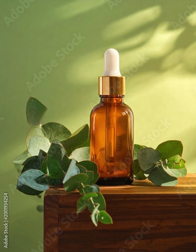 amber glass dropper bottle with eucalyptus leaves on wooden surface, skincare serum oil packaging, natural wellness, herbal therapy, spa treatment