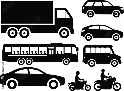 Transportation vehicle silhouettes collection including truck cars bus van and motorcycle icons