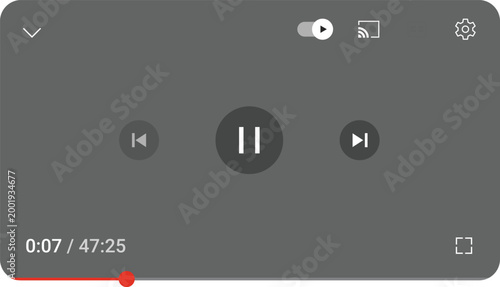 Modern video player interface thumbnail mockup. Play pause controls streaming UI design media app screen. Playback timeline icons digital content platform template for web, mobile apps user experience