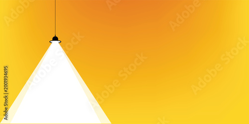 Minimalist conceptual vector illustration of a single black pendant lamp casting a bright white triangular spotlight.