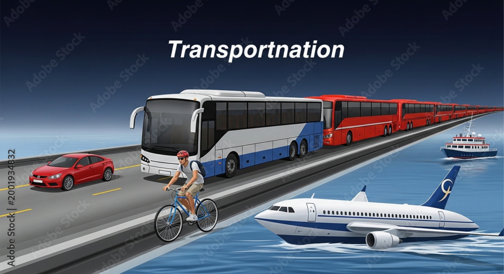 Fototapeta premium Diverse modes of transportation on land sea and air.