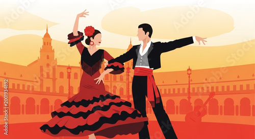 Traditional Flamenco Dancing Couple Performing on Stage.