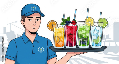 Bartender Serving Colorful Assorted Fruit Cocktails on Tray.