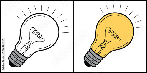 Light bulb illustration set with glowing idea concept in simple hand drawn style
