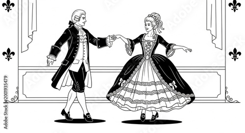 Elegant Couple Dancing in Historical Attire on Stage.