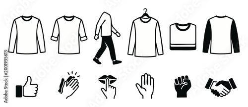 Clothing Apparel and Hand Gestures Icon Set, Vector Illustration of Long Sleeve T-Shirt Templates, Fashion Line Art and Sign Language Symbols for Web Design, UI Elements, and E-commerce Business Graph