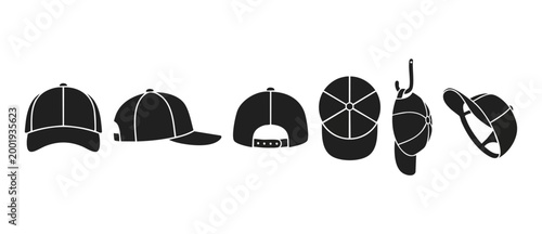 Baseball Cap Icons Set, Flat Black Silhouette Vector Design, Various Angles and Views for Sportswear Apparel Branding and Fashion Accessory Graphics Collection isolated on white background.