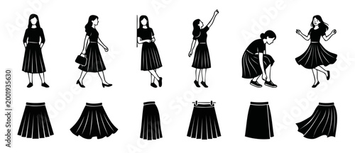 Woman wearing pleated skirt silhouette collection, various poses and fashion styles for casual clothing design, vector black and white graphic elements isolated on white background for apparel brandin