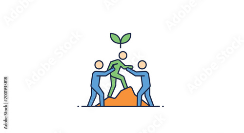teamwork icon with people supporting a growing plant
