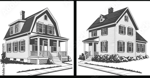 Black and white residential home drawings showcasing traditional American houses with porch designs