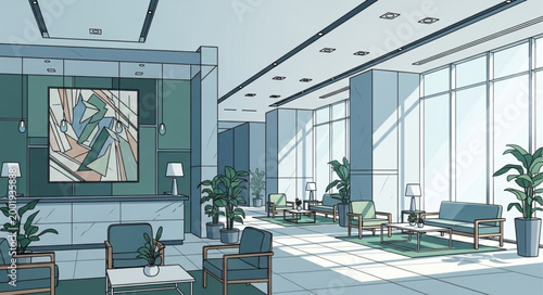 Modern Airport Lounge Interior with Seating and Large Windows.